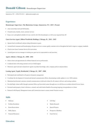 Housekeeper Supervisor Resume
