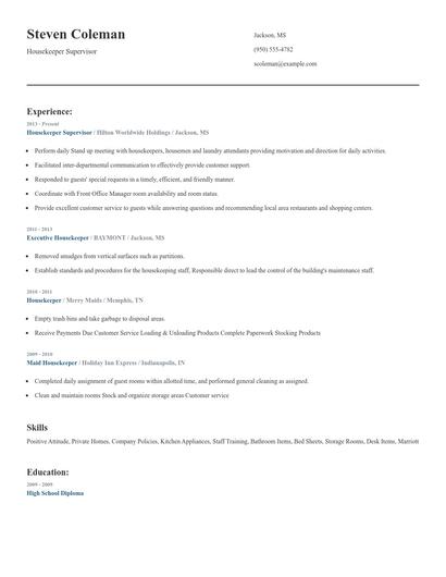 Housekeeper Supervisor Resume