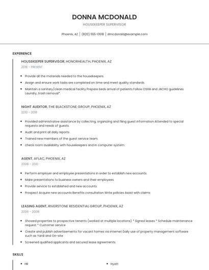 Housekeeper Supervisor Resume