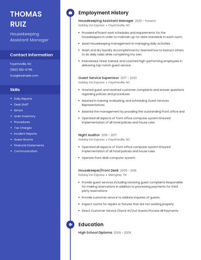 Housekeeping Assistant Manager Resume