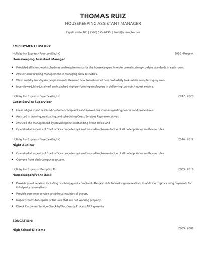 Housekeeping Assistant Manager Resume