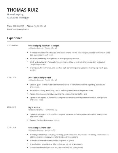 Housekeeping Assistant Manager Resume