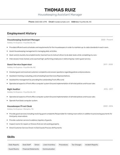 Housekeeping Assistant Manager Resume