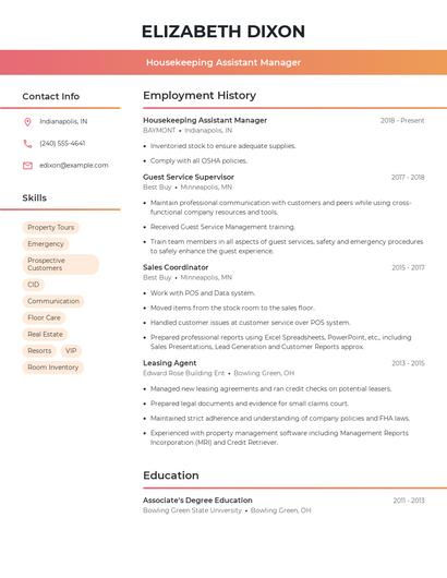 Housekeeping Assistant Manager Resume