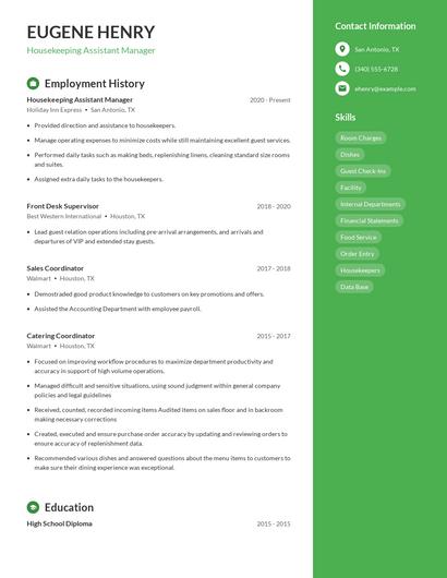Housekeeping Assistant Manager Resume