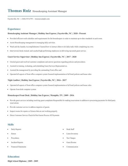 Housekeeping Assistant Manager Resume