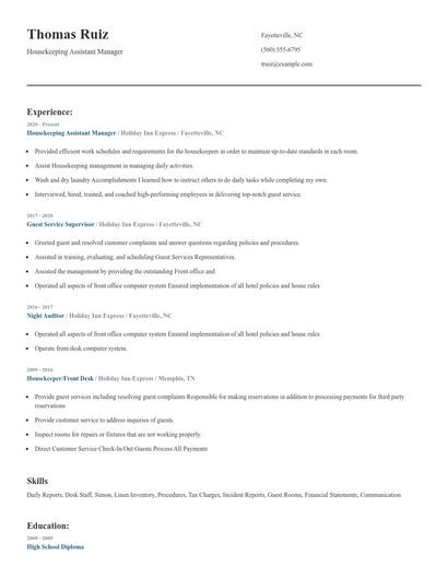Housekeeping Assistant Manager Resume