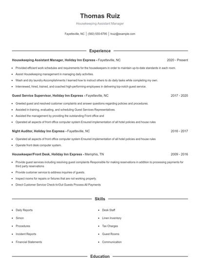 Housekeeping Assistant Manager Resume