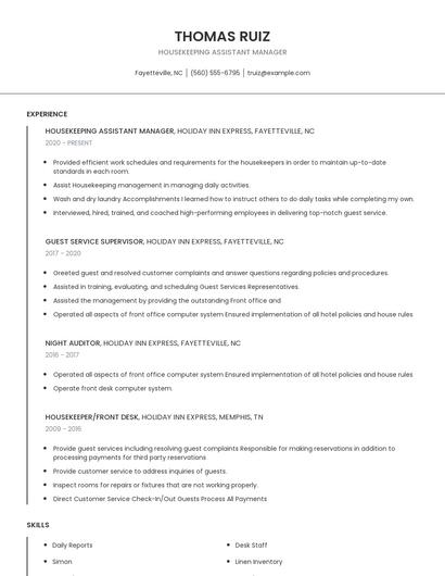 Housekeeping Assistant Manager Resume