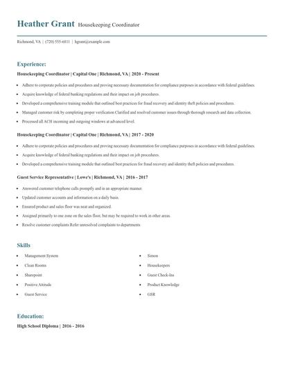 Housekeeping Coordinator Resume