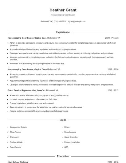 Housekeeping Coordinator Resume