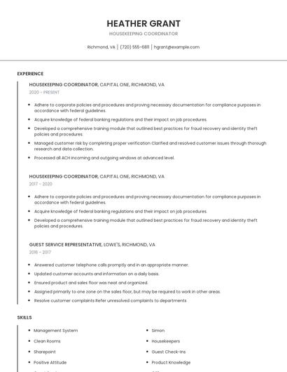 Housekeeping Coordinator Resume