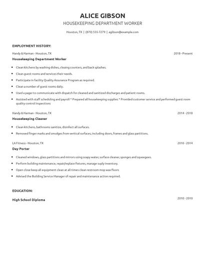 Housekeeping Department Worker Resume