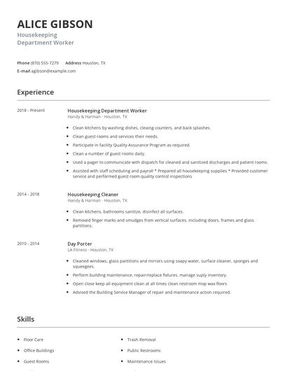 Housekeeping Department Worker Resume