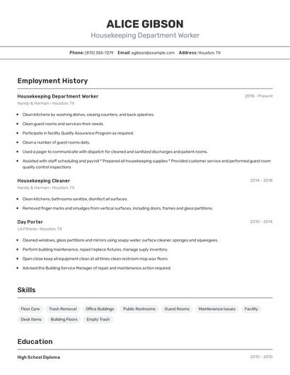 Housekeeping Department Worker Resume