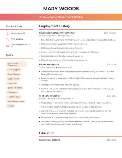 Housekeeping Department Worker Resume