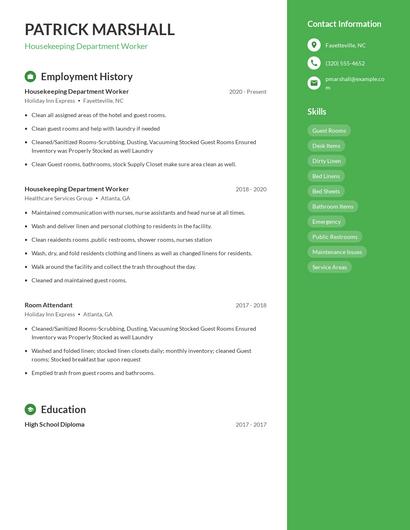 Housekeeping Department Worker Resume