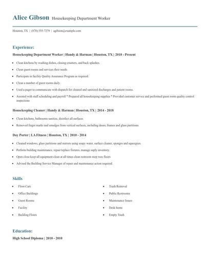 Housekeeping Department Worker Resume