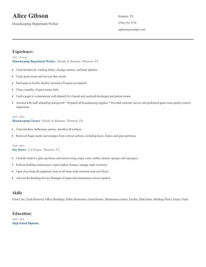 Housekeeping Department Worker Resume