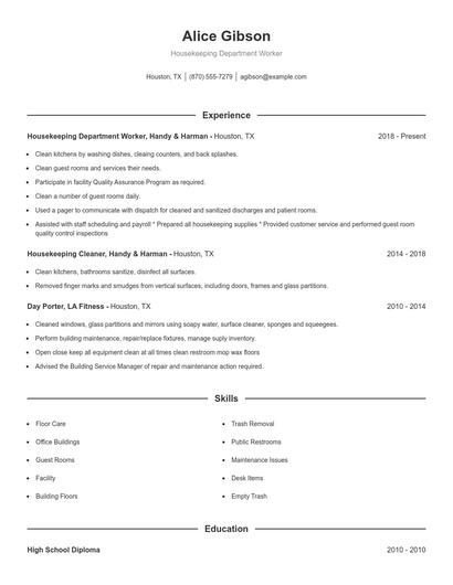 Housekeeping Department Worker Resume