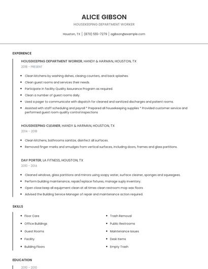 Housekeeping Department Worker Resume
