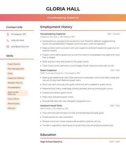 Housekeeping Inspector Resume