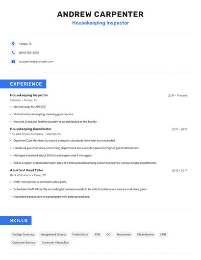Housekeeping Inspector Resume