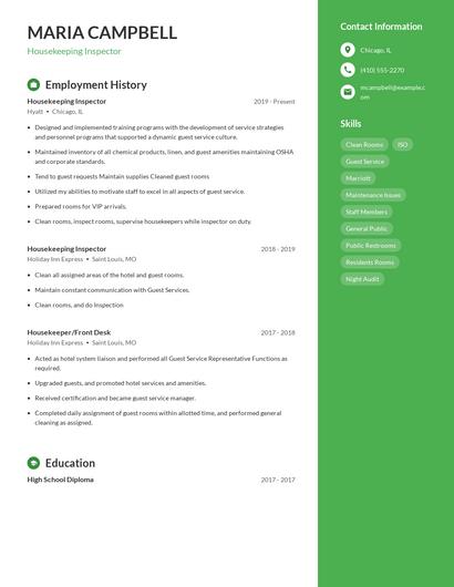 Housekeeping Inspector Resume