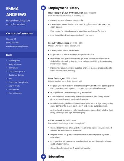 Housekeeping/Laundry Supervisor Resume