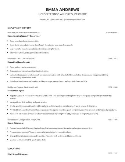 Housekeeping/Laundry Supervisor Resume