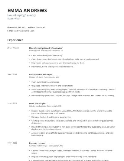 Housekeeping/Laundry Supervisor Resume