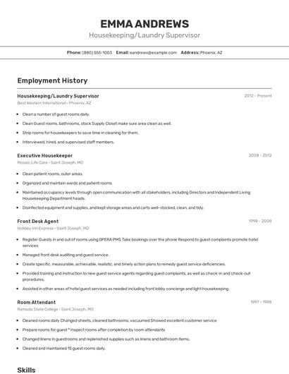 Housekeeping/Laundry Supervisor Resume