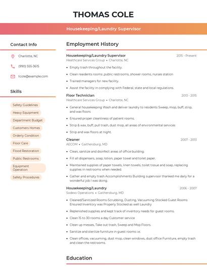 Housekeeping/Laundry Supervisor Resume