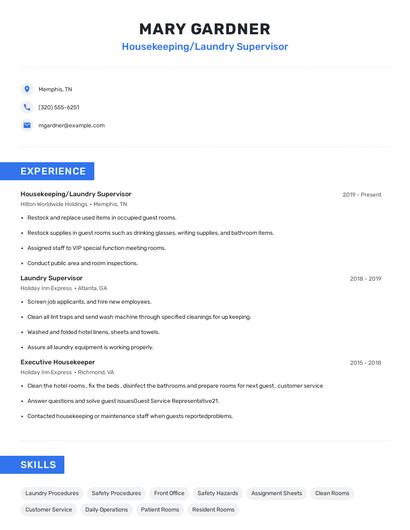 Housekeeping/Laundry Supervisor Resume