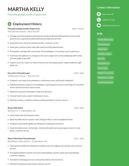 Housekeeping/Laundry Supervisor Resume