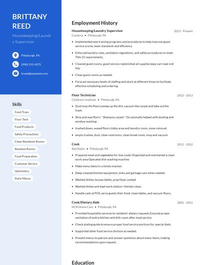 Housekeeping/Laundry Supervisor Resume