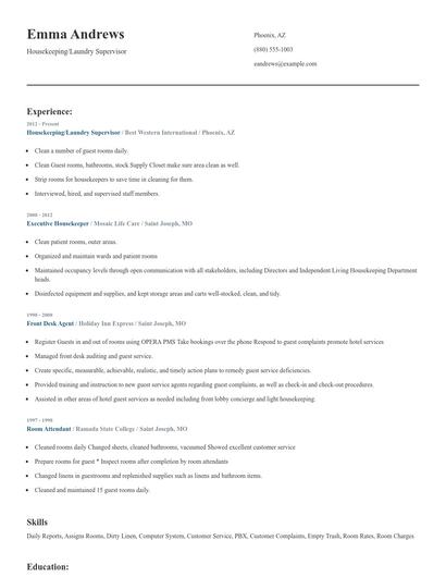 Housekeeping/Laundry Supervisor Resume
