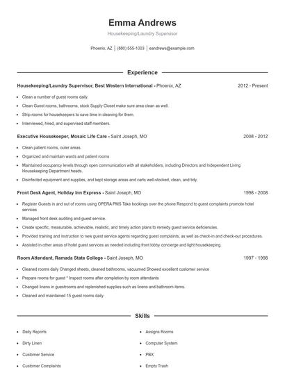 Housekeeping/Laundry Supervisor Resume