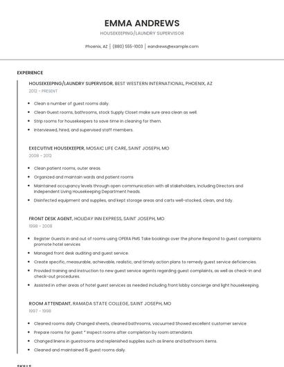 Housekeeping/Laundry Supervisor Resume