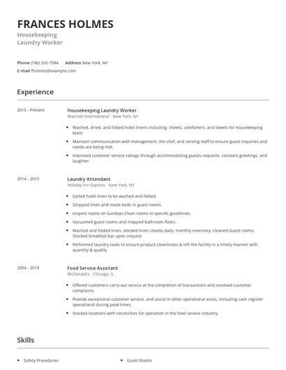 Housekeeping Laundry Worker Resume