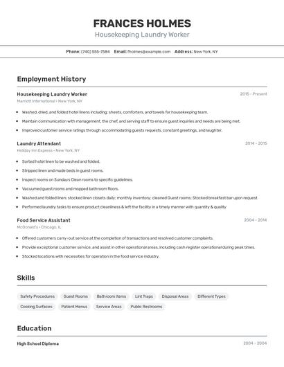 Housekeeping Laundry Worker Resume