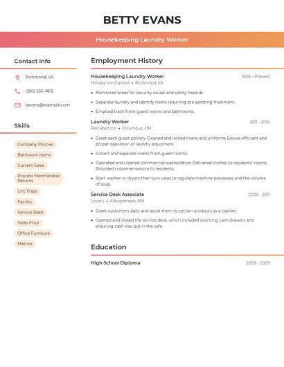 Housekeeping Laundry Worker Resume