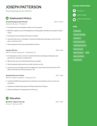 Housekeeping Laundry Worker Resume