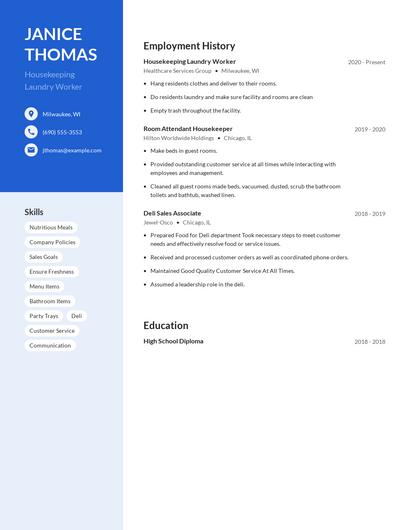Housekeeping Laundry Worker Resume