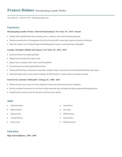 Housekeeping Laundry Worker Resume