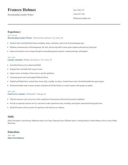 Housekeeping Laundry Worker Resume