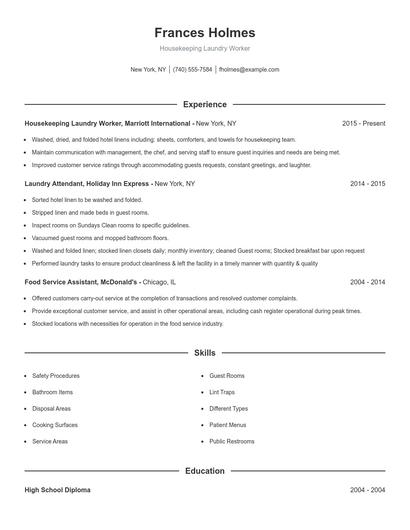 Housekeeping Laundry Worker Resume