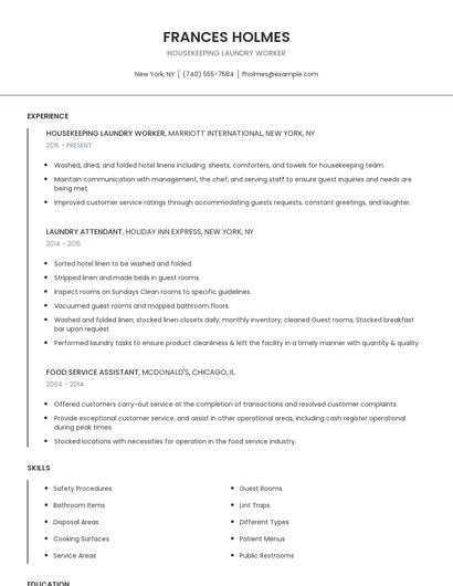 Housekeeping Laundry Worker Resume