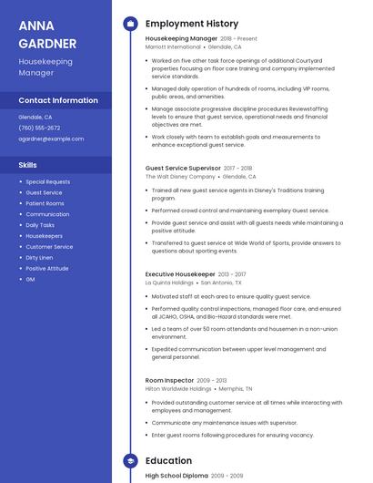 Housekeeping Manager Resume