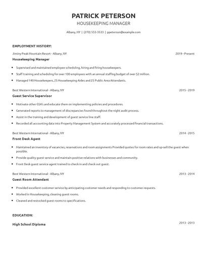 Housekeeping Manager Resume